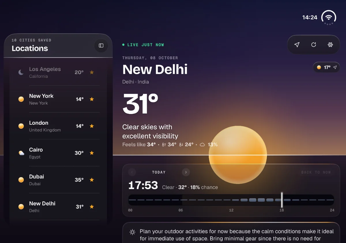 Nimbus on iPhone Duo, open: the Locations sidebar beside New Delhi at dusk, 31°, with the horizon running across the fold