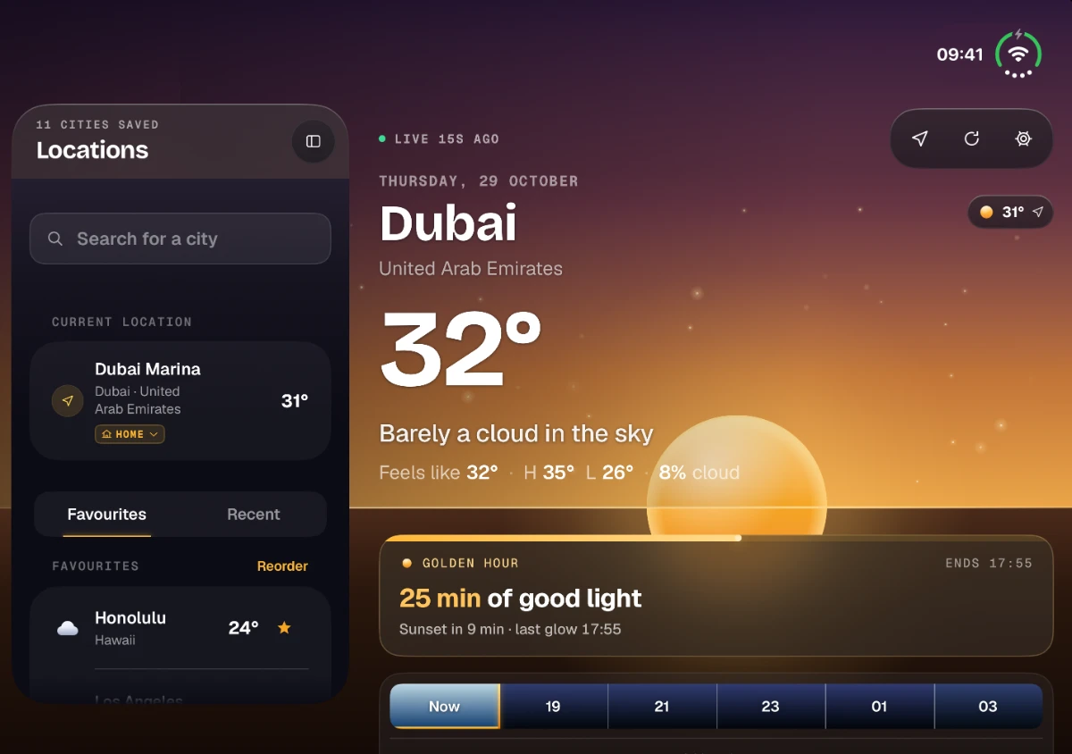 Nimbus on iPhone Duo, open: the Locations sidebar beside Dubai in golden hour, 32°, the sun on the horizon running across the fold