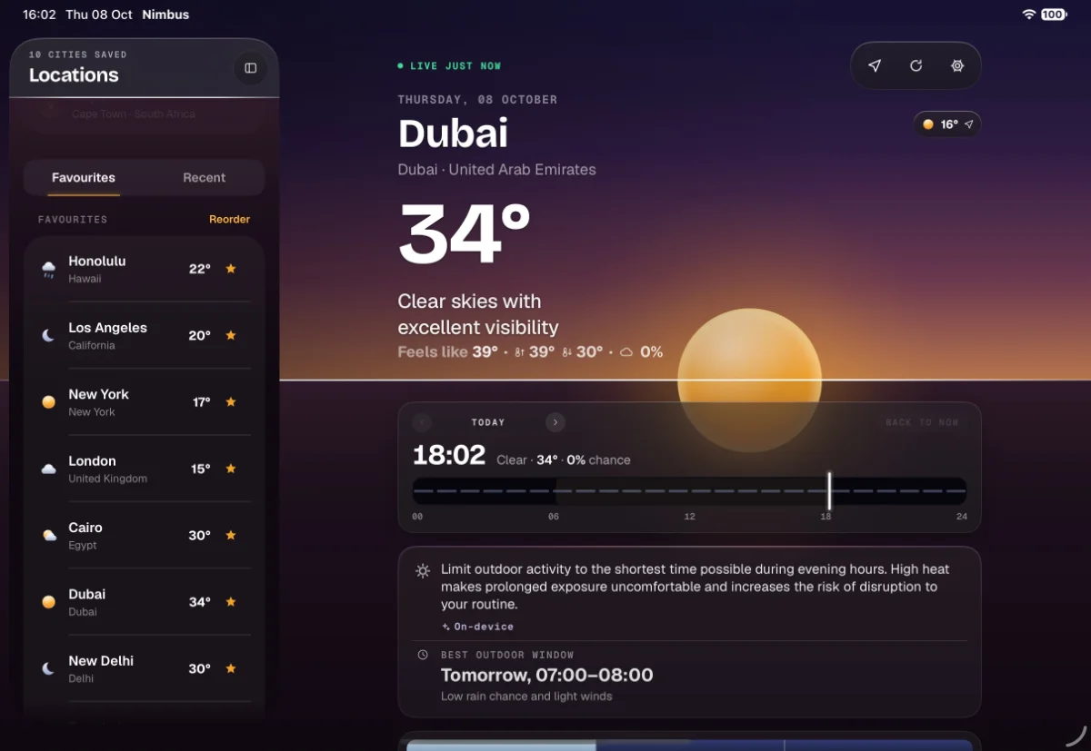 Nimbus on iPad in landscape: the Locations sidebar beside Dubai at dusk, 34°