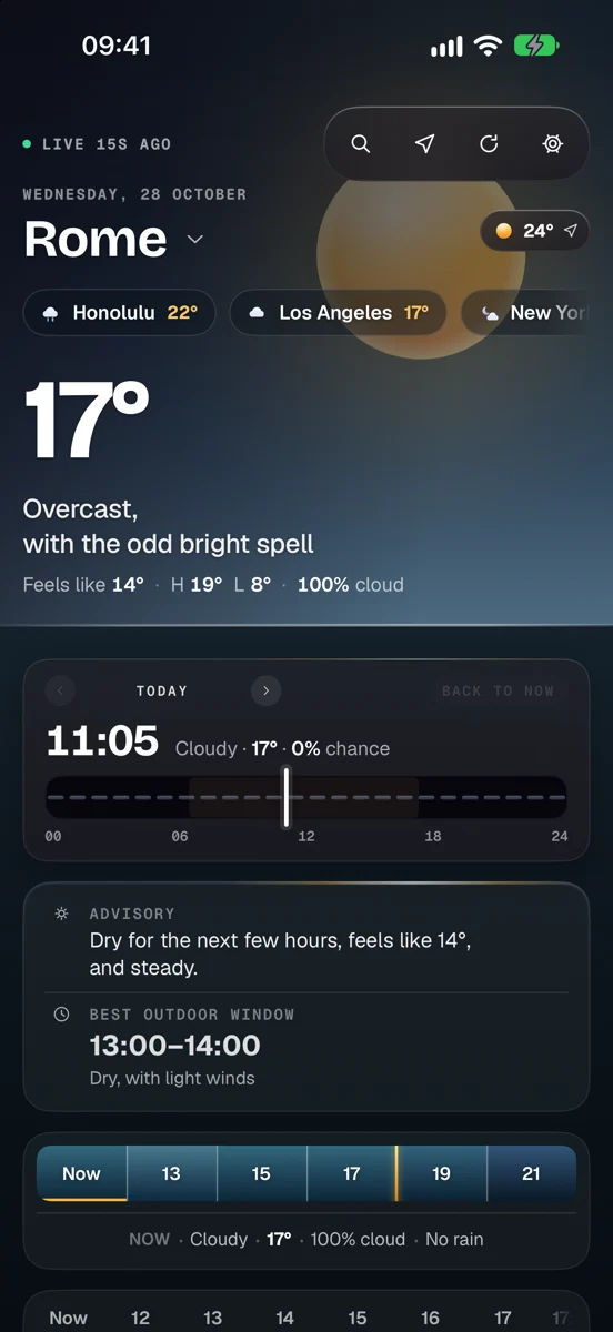 Nimbus on iPhone: Rome, 17°, overcast with the odd bright spell, the sun dimmed behind cloud