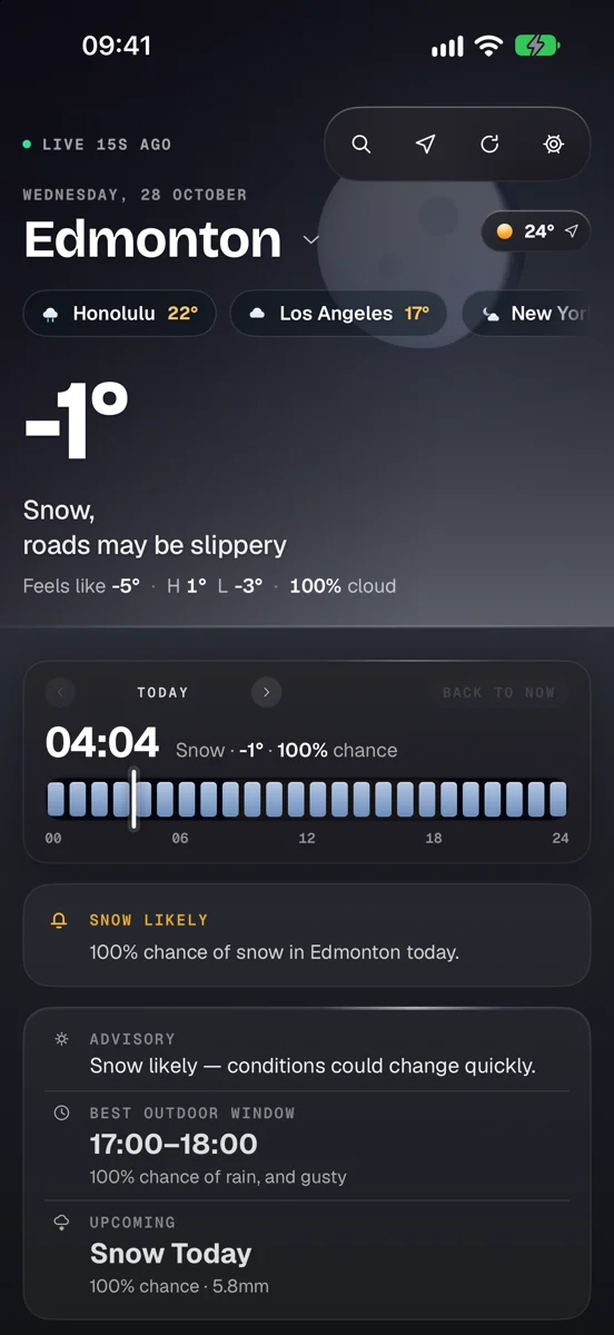 Nimbus on iPhone: Edmonton before dawn, −1°, snow, with the moon behind cloud and a snow alert